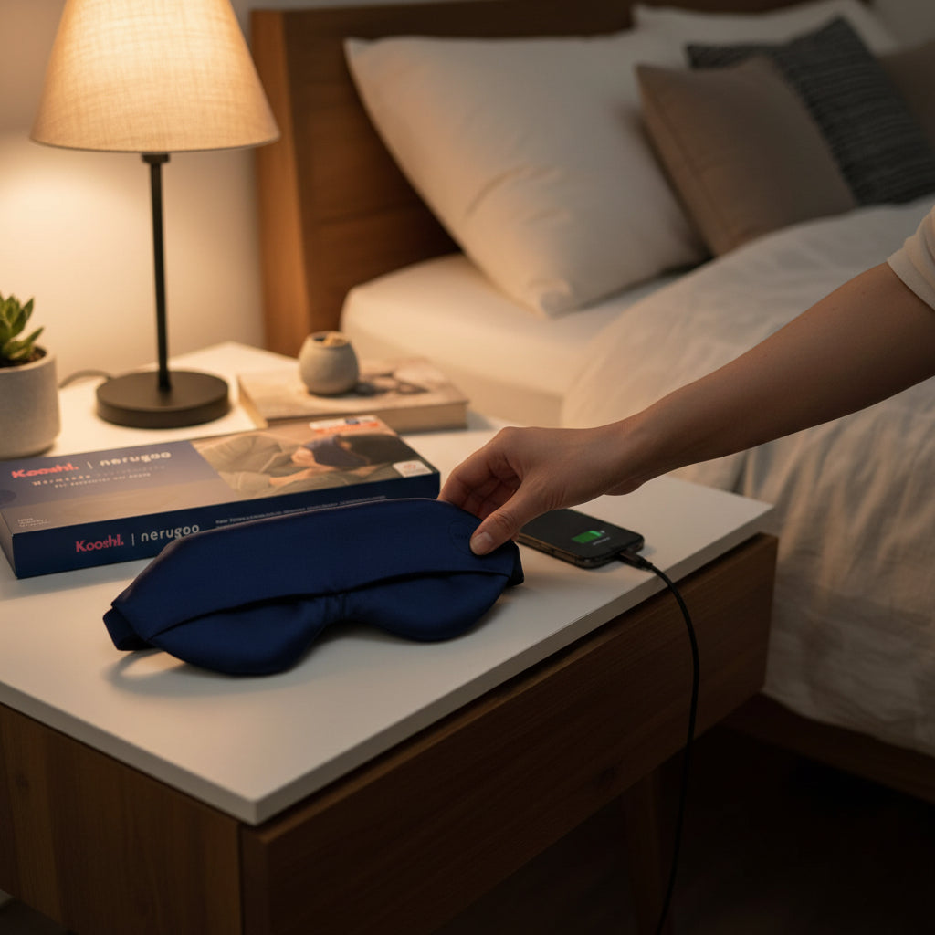 Kooshl Offline Mask | Beheizbare Seiden-Augenmaske liegt auf dem Nachttisch